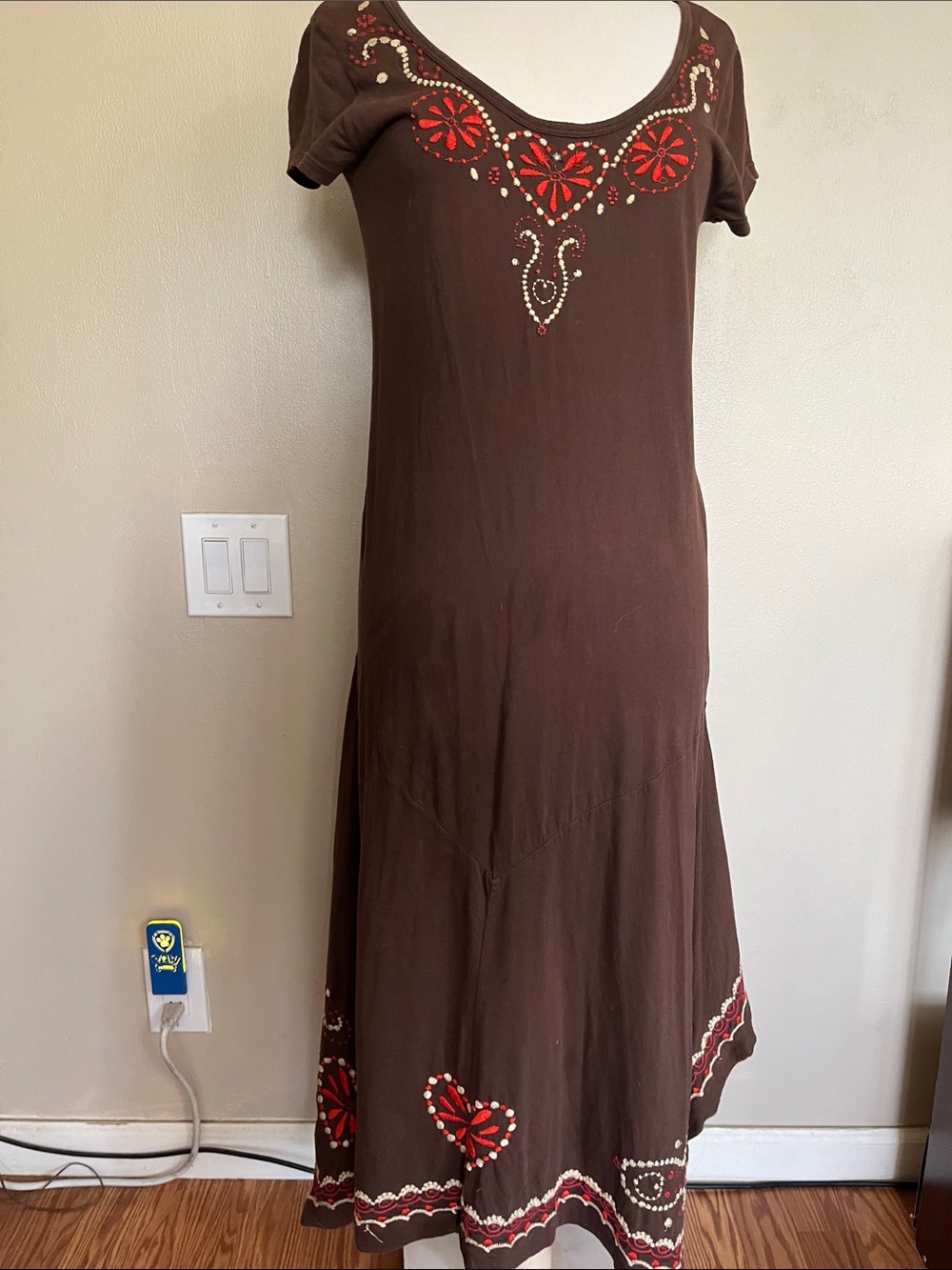 Brown Asymmetrical Embroidered Women's Dress with Red Accents